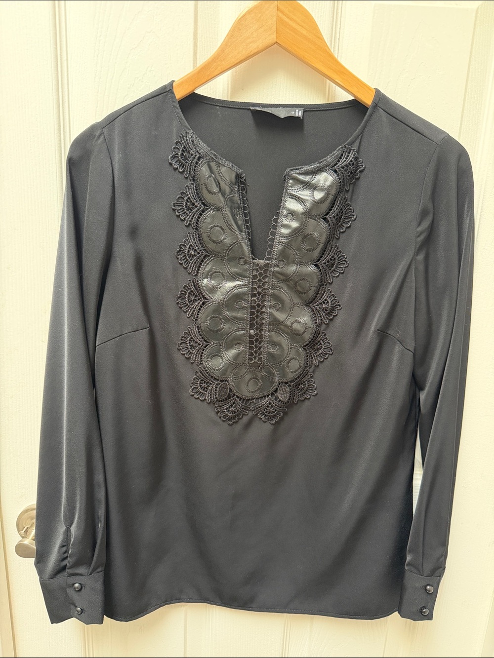 Black Long-Sleeve Women's Blouse with Faux Leather Appliqué
